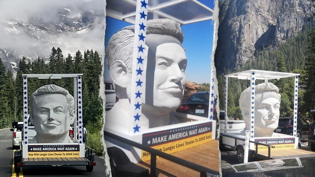 Giant Elon Musk head tours national parks with 'Make America Wait Again' message